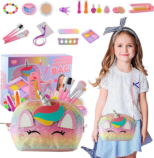 21Pcs Kids Makeup Kit for Girl, Princess Toys Real Washable Cosmetic Set with Sparkly Unicorn Purse, Kids Makeup Sets for Girls, Play Make Up Birthday Gifts for 3 4 5 6 7 8 9 10 11 12 Years Old Kid