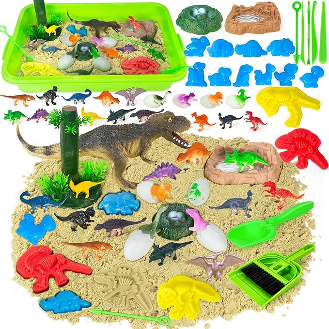 YongnKids Dinosaur Sensory Bin Sandbox Toys,Sensory Sand Art Kit with 14 Dinosaur Toys & 2.2lb Magic Sand & Dinosaur Sand Molds -Fun Sand Toys Birthday for Girls Boys Toddler 3 4 5 6 7 Years Old