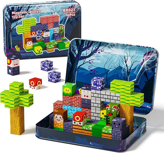 Magnetic Building Blocks, 48 Piece Set with Portable Iron Box, Kids Sensory Toys for STEM Learning, Children's Travel Magnetic Toys, Best Gifts for Boys and Girls' Birthdays and Christmas