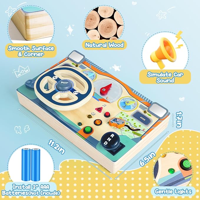 Busy Board Montessori Toys for 1 2 3 Year Old, Wooden Toddler Sensory Toy Busy Board with LED Lights Sound Switch, Toddlers Activity Travel Toy, Steering Wheel Toddler Toys Christmas Gift for Boy Girl