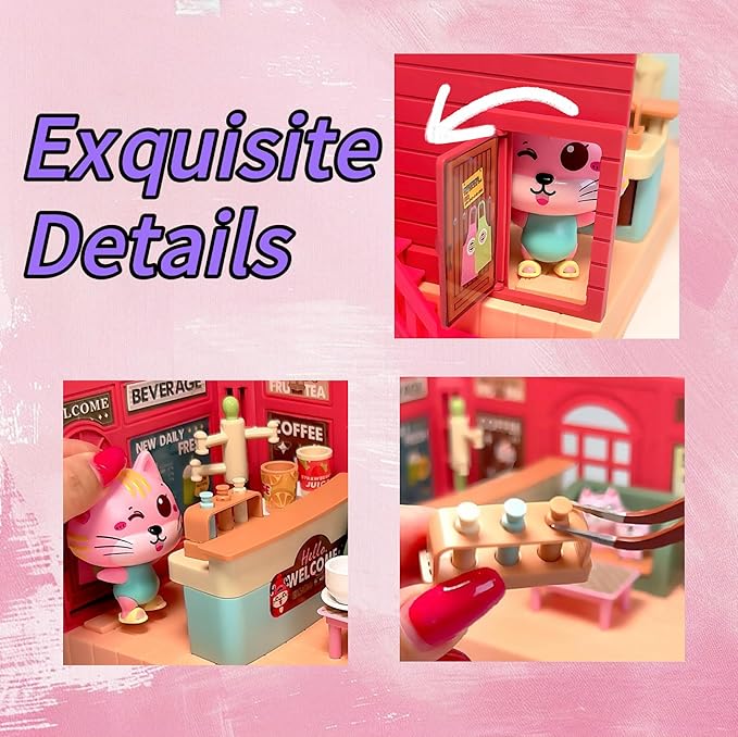 Koko's Cat Town DIY Miniature House Kit,Tiny House Cafes Building Kit,Dollhouse for 3 and up, Dollhouse Building Kit with Cats,Cat Toys Gift for Teens Kids Ages 3+
