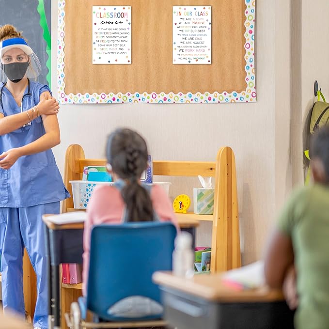 Wentipo Classroom Rule Poster with Pastel Boho Polka Dots, Classroom Rules Poster for Elementary, Middle School, Positive Behavior Management Sign Wall Art Bulletin Board Decor 12x18inch Unframed