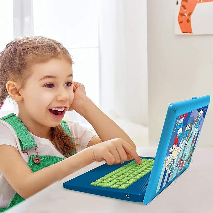 Lexibook, The Smurfs, Bilingual Spanish/English Educational Computer, Toy for Children with 124 Language, Writing, Maths, Logic, Music Activities and Games, Blue, JC598SFi2