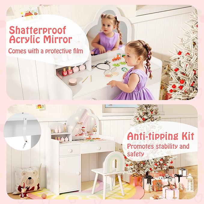 HONEY JOY Kids Vanity, Cloud Shape Wooden Girls Vanity Set with Mirror and Stool, Drawers, Storage Cabinet, Toddler Makeup Desk Dressing Table, Pretend Play Kids Vanity Table and Chair Set (White)