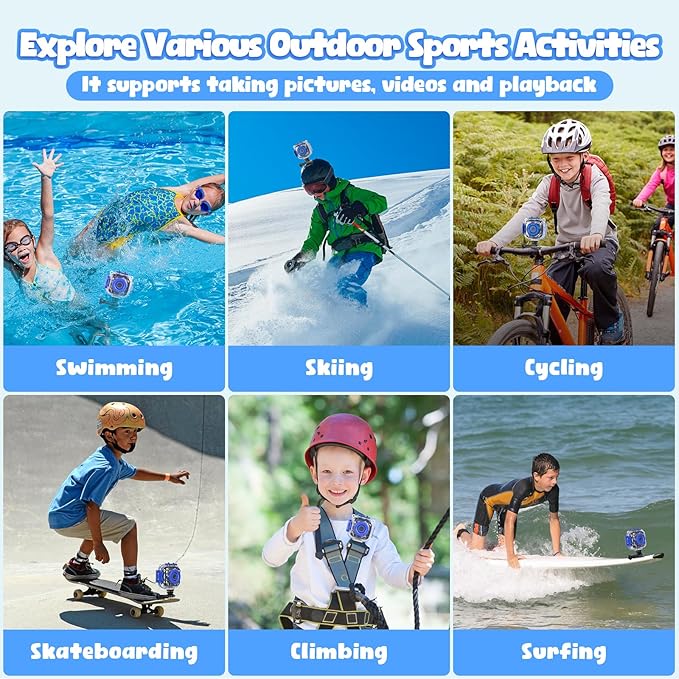 PROGRACE Kids Waterproof Camera - Birthday for 3-12 Year Old Boys 1080P HD Underwater Video Camera for Kids Pool Toys Toddler Digital Cameras with 32GB SD Card Blue