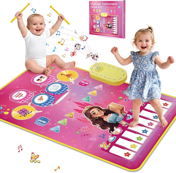 Piano Mat Toddler Baby Girl Toys, 3-in-1 Piano Drum Kids Musical Play Mat Infant Music Toys 12-36 Months, Baby Birthday Gifts Early Learning Toy for 1 2 3 Years Old Boy Girls