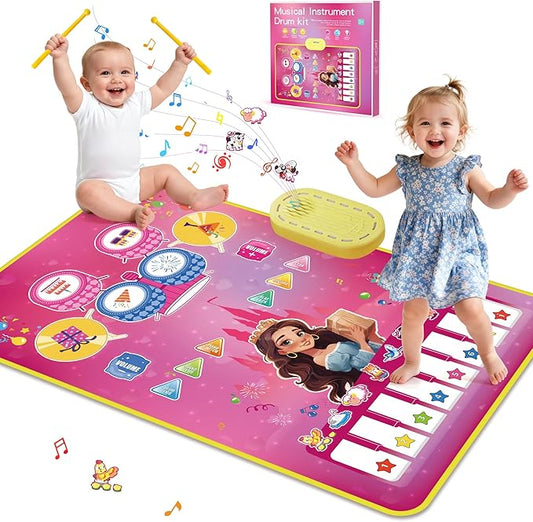 Piano Mat Toddler Baby Girl Toys, 3-in-1 Piano Drum Kids Musical Play Mat Infant Music Toys 12-36 Months, Baby Birthday Gifts Early Learning Toy for 1 2 3 Years Old Boy Girls