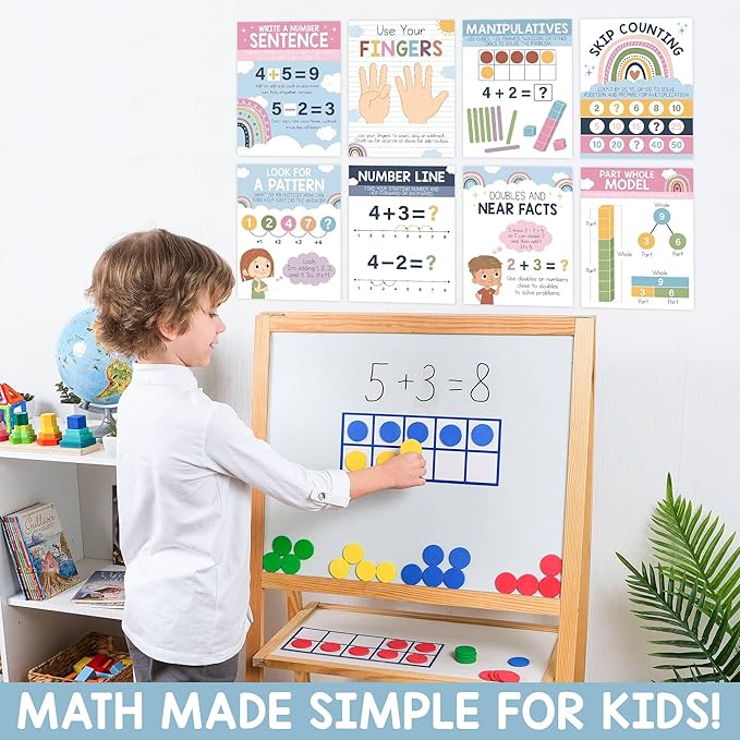 BrightenKidz 14 Pcs Boho Math Posters for Elementary School Classroom Decor, 8.5" x 11" Mathematics Strategy Posters, Math Bulletin Board Sets, Teacher Classroom Must Haves, 1st & 2nd Grade Supplies