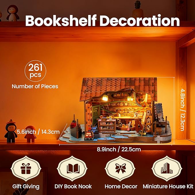 Book Nook Kit - DIY Miniature House Kit for Adults, Dollhouse Booknook Tiny House Bookshelf Decor 3D Wooden Puzzle Street Model, Ideal Gift for Book Lovers, Family, Friends (Floating Bookstore)