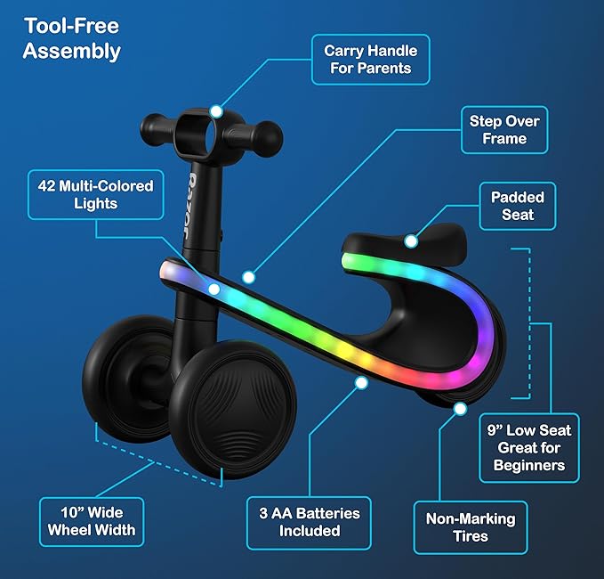 Razor Lightwave Baby & Toddler Balance Bike – 3 Wheel Seated Scooter for Ages 12–30 Months, Balance Bike 1 Year Old, Baby’s First Bike with Multicolor LED Lights, Tool-Free Assembly