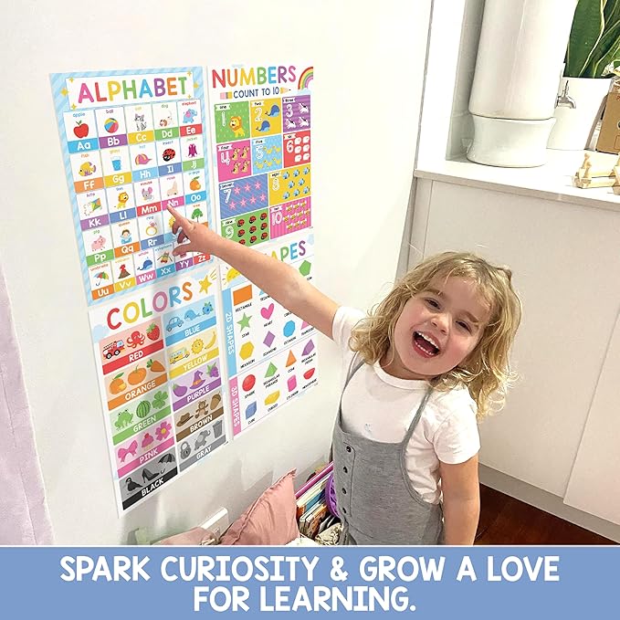 BEAWART ABC Alphabet Posters (Pack 4 - 16'x24'), Color Shape Number Chart for Classroom Decor, Educational Posters for Toddlers 1-3, Learning Chart for Preschoolers, Homeschool Supplies, Double Laminated