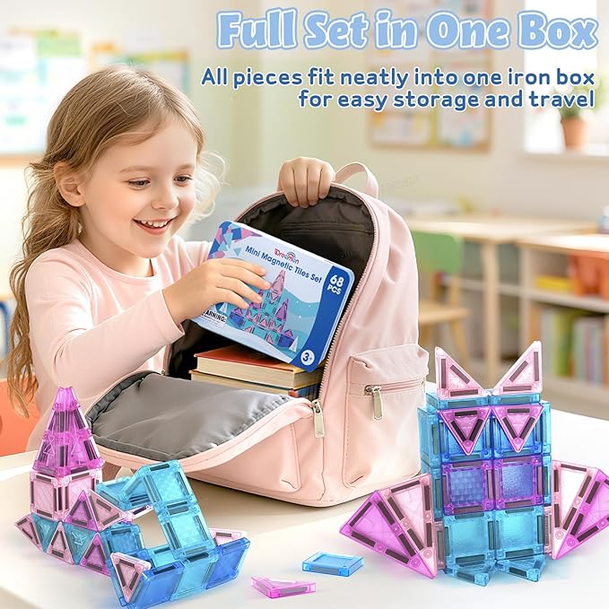 Dreamon Mini Magnetic Tiles, 68PCS Travel Set with Storage Case, Ice Castle Building Blocks STEM Toys for Toddlers Ages 3-5, Educational Games Sensory Exploration Toys for Boys and Girls
