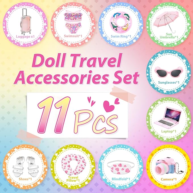 Acelane American Doll Travel Suitcase Play Set - 18 Inch Doll Travel Carrier with Luggage, Clothes, Sunglasses, Camera, Laptop, Pillow - Pretend Play Toys Gift for Girl's Birthday, Christmas, Party