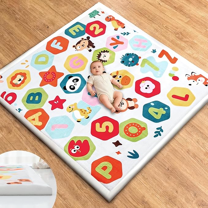Baby Play Mat for Floor, 50'' x 50'' Thicken Foam Soft Padded Mat for Tummy Time, Playpen Playmat for Toddlers, Water-Repellent Coral Velvet, Non-slip Bottom Safe for Crawling (Animal)