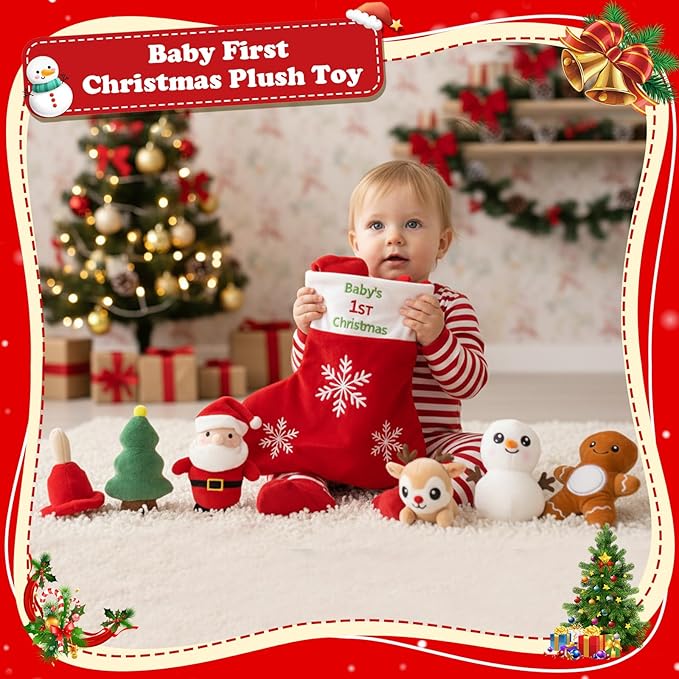 My First Christmas Baby Toys,Sensory Plush with Gingerbread Man Rattles Santa Claus Crinkle Toys for Baby, Christmas Gift for Kids Girls Boys, Infant Stocking Stuffers