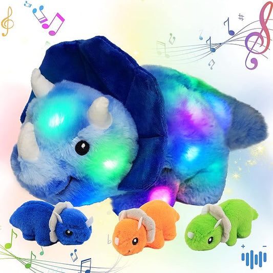 Hopearl LED Musical Stuffed Dinosaur Playset Lighting Up Singing Plush Toy Mommy Triceratops with 3 Babies in her Tummy Adjustable Volume Lullaby Animated Soothe Gifts for Toddlers Boys, Blue, 15”