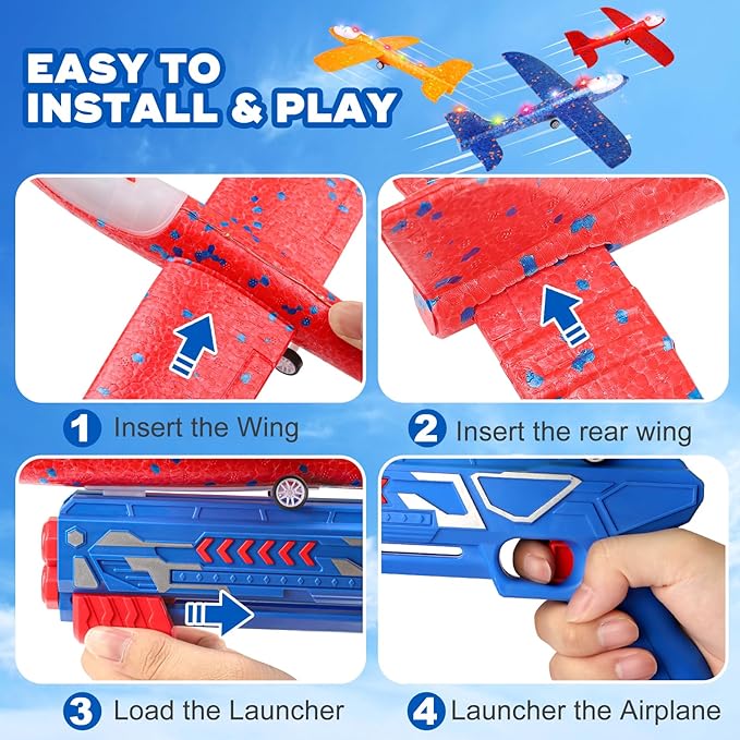 3 Pack Airplane Launcher Toy, 12.6" Foam Glider Led Plane, 2 Flight Mode Catapult Plane for Kids Outdoor Sport Flying Toys Gifts for 3 4 5 6 7 8 9 10 12 Year Old Boys Girls