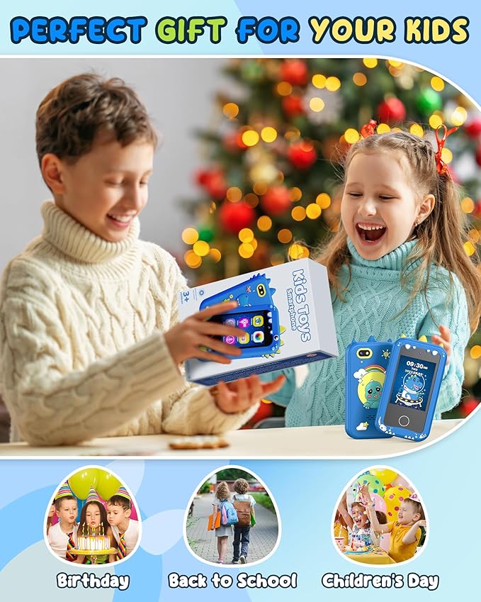 UCIDCI Dinosaur Kids Smart Phone Toys for Boy Dual Camera & Music Player Toddler Selfie Phone Toys Road Trip Toys with Learning Games, Christmas, Birthday Gifts for 3 4 5 6 7 Year Old Blue