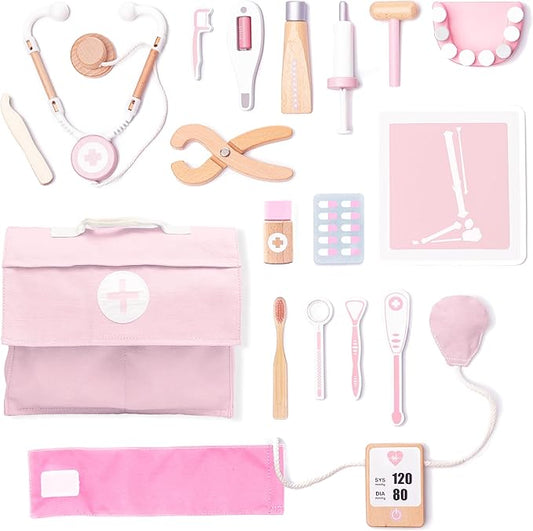 UMU® Wooden Doctor Kit for Kids – 18 pcs Doctor and Dentist Play Set for Toddlers with Stethoscope, Syringe, Tooth Model & More – Medical Pretend Play Toy for Girls Ages 3 4 5 6