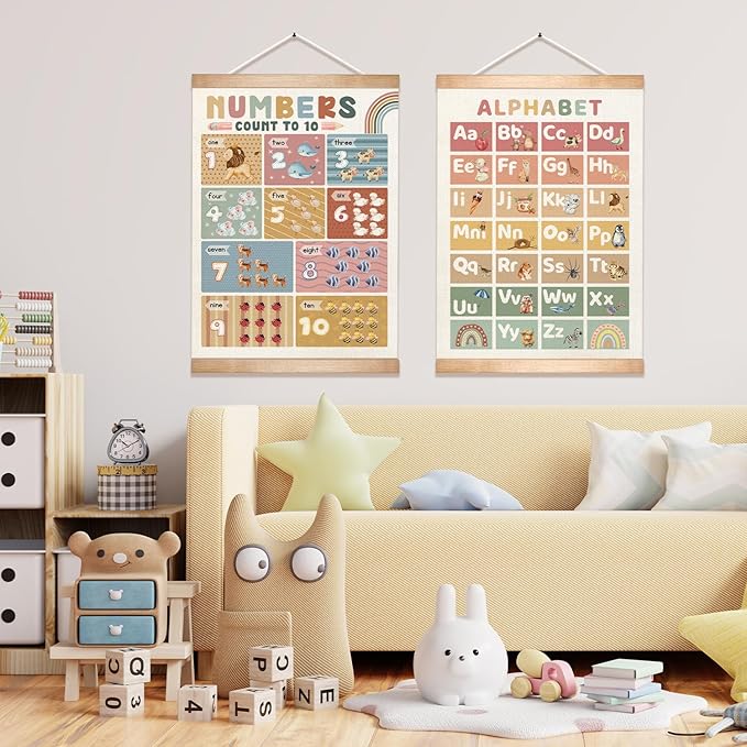 Kids Alphabet and Numbers Learning Posters Set of 2, Linen Canvas Educational Wall Art,Canvas Print Wall Hanging Posters, Cute Animal ABC 1-10 Numbers Charts for Nursery Playroom Preschool Classroom Decor, 18.5x14 Inch(Colorful-01)