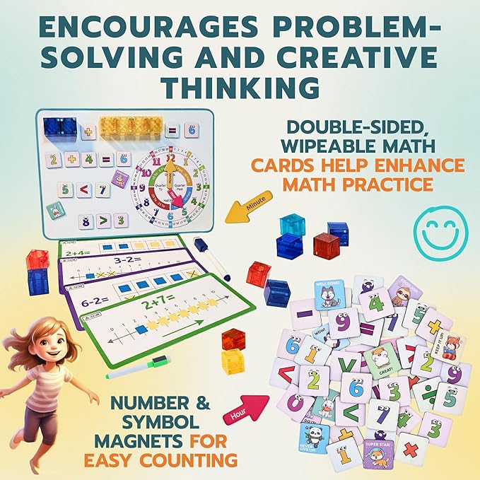 40pcs Transparent Magnetic Blocks, 1inch Cubes, 5-in-1 STEM Set with Board & Markers, Math Cards & Numbers, Magnetic Clock, Idea Book, 3D Educational & Building Toys, for Kids Ages 4-8