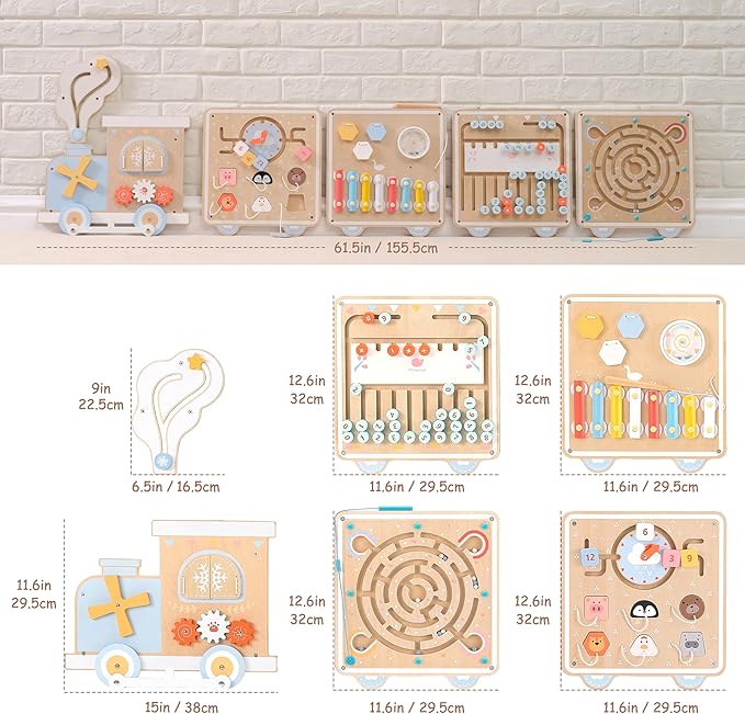 Train Activity Wall Busy Board, Wooden Montessori Sensory Toys, 12-in-1 Learning Activity Center for Playroom,Daycare, Nursery, Classroom, Educational Toys for Toddler