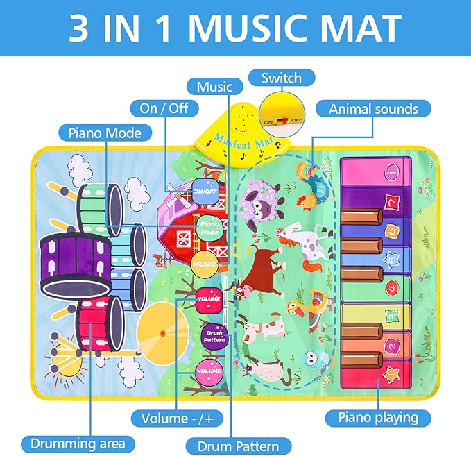 Musical Farm Animals Sounds Piano Mat for Kids, Sensory Educational Learning Toy with Drumset for Toddlers, Interactive Floor Touch Play Mat Dancing Keyboard Carpet for 1-5 Year Old Boy Girl Gifts