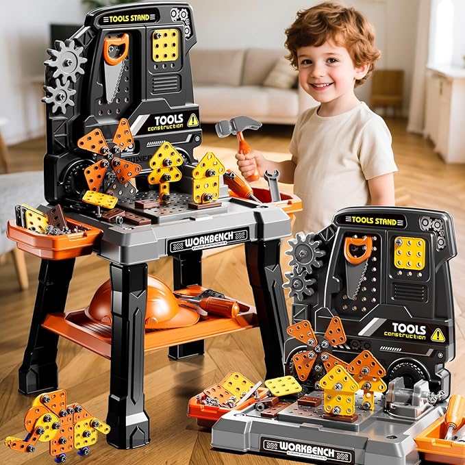 Kids Tool Toy Playset with Electronic Drill Sound for Aged 3 4 5 6 7 8, Workbench Toys for Toddlers 3-5, Pretend Play Tool Box, Construction Mechanic Set, Birthday Gift for Boys Girls Ages 3-8