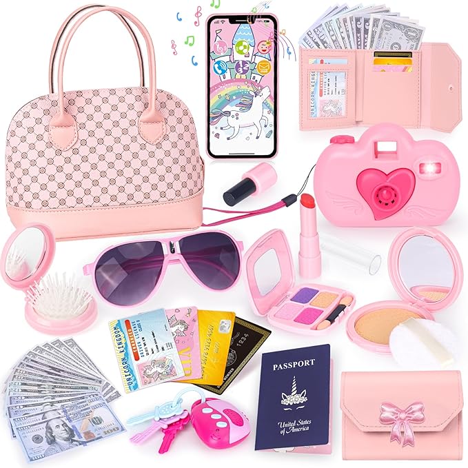 Toddler Play Purse for Little Girls, 35PCS Kids Purse with Pretend Play Princess Toys Includes Handbag, Camera, Phone, Wallet, Key, Kids Purse Birthday Gift for Girls Toddler Age 3 4 5 6+
