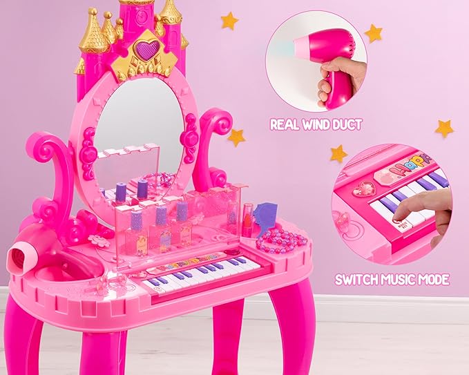 Vanity Makeup Table Toy with Adjustable Mirror, Comfortable Seat, Electronic Organ, Lights, and Music for Little Girls - Spark Imagination with Our Toddler Vanity Set