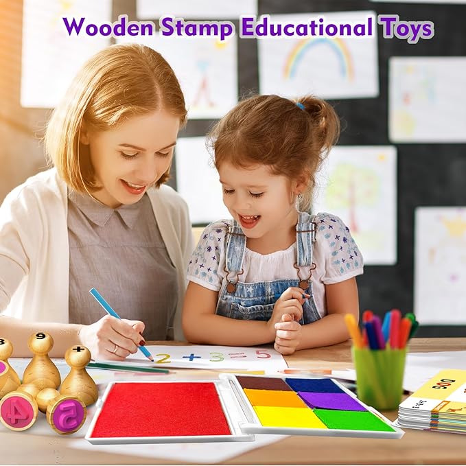Wooden Alphabet Stamps & Number Letter Stamps for Kids - Montessori Learning Toys with Flashcards, ABC Spelling & Math Games for 3 4 5 Year Olds, Classroom Art Crafts Preschool Supplies