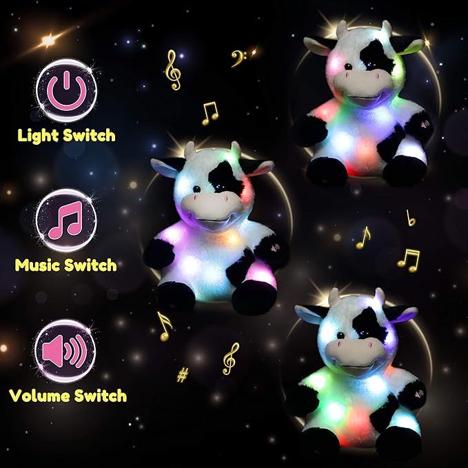 Hopearl LED Musical Stuffed Cow Lighting Up Singing Plush Toy Adjustable Volume Lullaby Animated Soothe Birthday Festival for Kids Toddler Girls, 13''