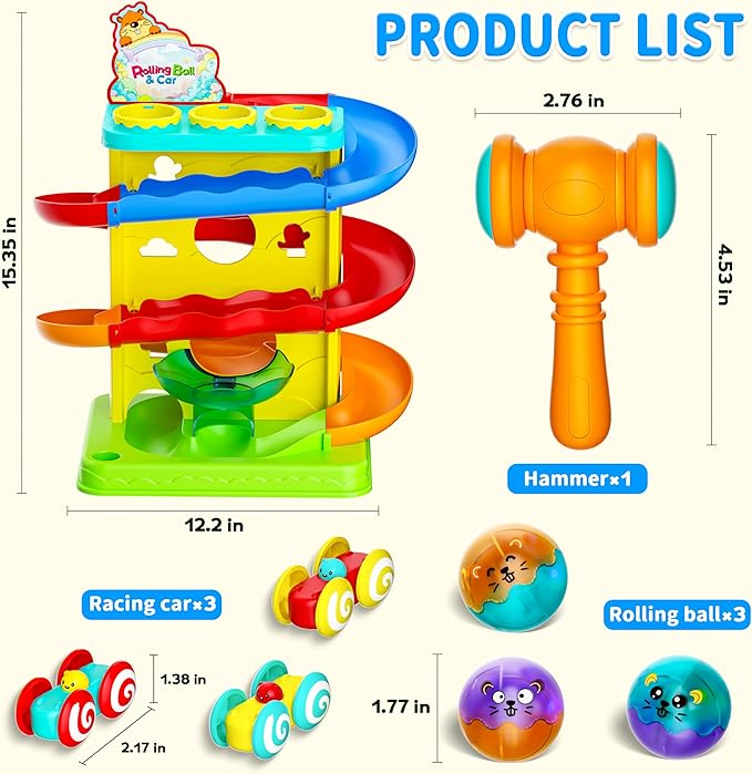 Funwee 2-in-1 Ball & Racing Car Ramp Toy for Toddlers, Race Track Hammer Rolling Lights Ball Drop, Interactive Montessori Learning Game Birthday Gift Idea for Kids 2 3 4 5+Year Old Girl Boy(Yellow)
