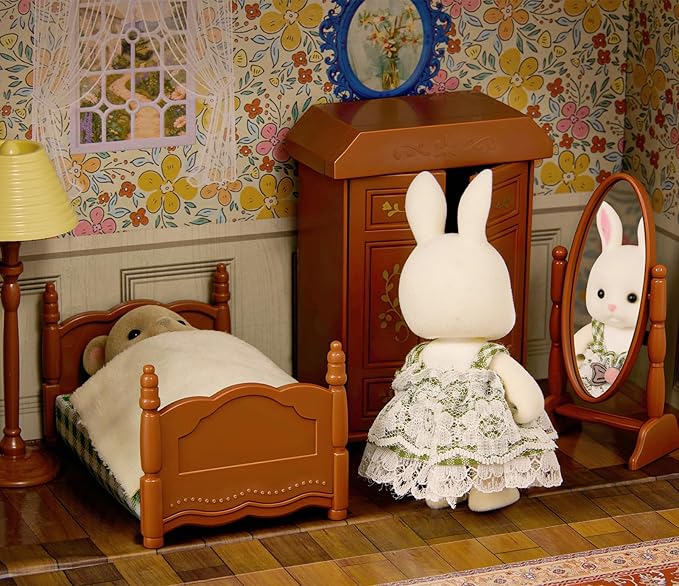 Dollhouse Bedroom Furniture Accessories Suitcase Set for Kids, 2 Flexible Dolls/Table/Bed/Bedclothes/Floor Lamp/Safety Mirror/Wardrobe/Piano/Stool, Pretend Play Christmas Birthday Gift for Girls 3+