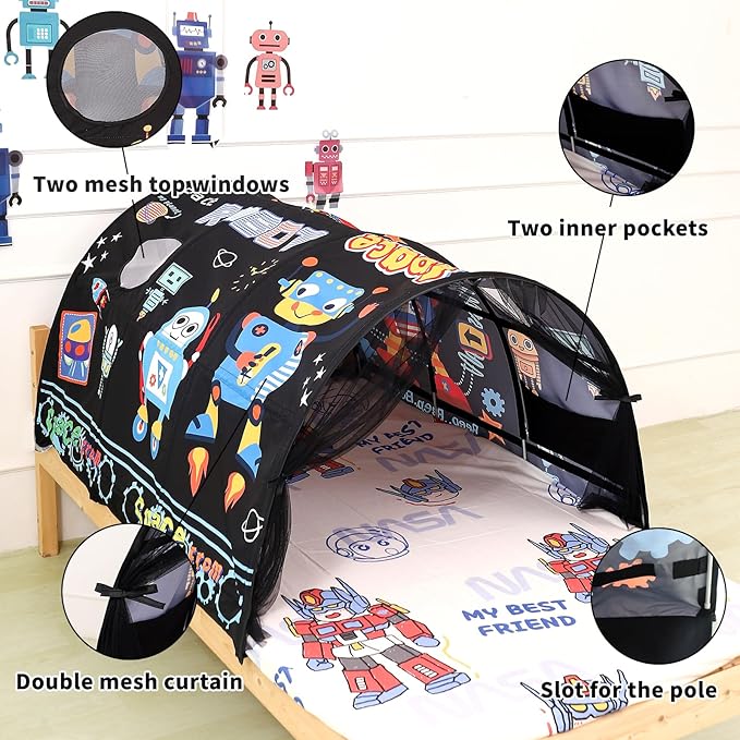 Kids Bed Tent Twin Beds -Cartoons Wonder Play Tents Boys Girls Ventilated Indoor Play Tent Children Promotes Independent Play, Stimulates Imagination Set-Up Playhouse (Robots)
