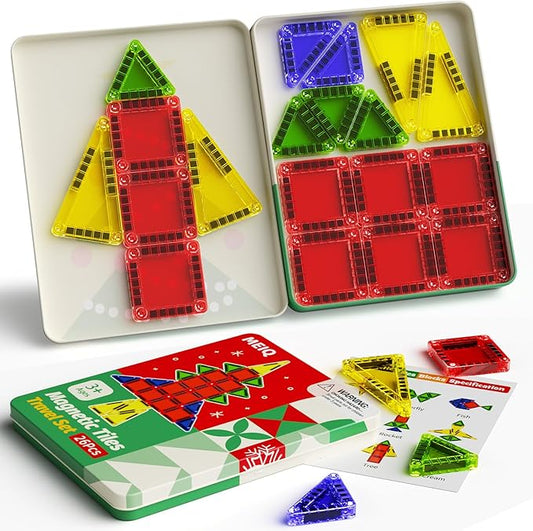 Christmas Magnetic Tiles for Kids, 26 PCs Mini Magnetic Building Blocks with Festive Iron Storage Box, STEM Travel Toys for Toddlers Ages 3-5+, Educational Learning Gift for Boys & Girls