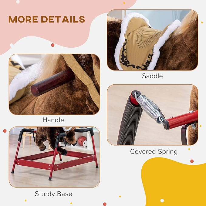 Qaba Kids Spring Rocking Horse, Ride on Horse for Girls and Boys with Animal Sounds, Plush Animal Ride-on Toy with Soft Feel, Interactive Toy for Kids, Dark Brown