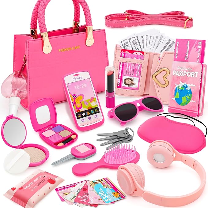 Little Girl Purse with Pretend Makeup for Toddlers, 49PCS Kids Play Purse Set - Princess Toy Accessories, Pretend Play Headset Wallet Phones Sunglasses Keys Credit Cards Birthday Gift for Girls Age 3+