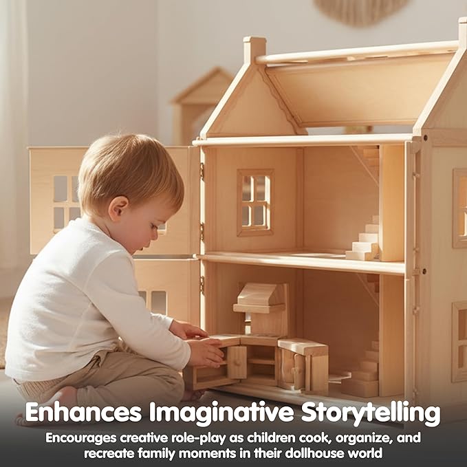 PlanToys Wooden Classic Line of Dollhouse Furniture- Kitchen Set (9013) | Sustainably Made from Rubberwood and Non-Toxic Paints and Dyes |PlanNatural Classic Wooden Toy Collection