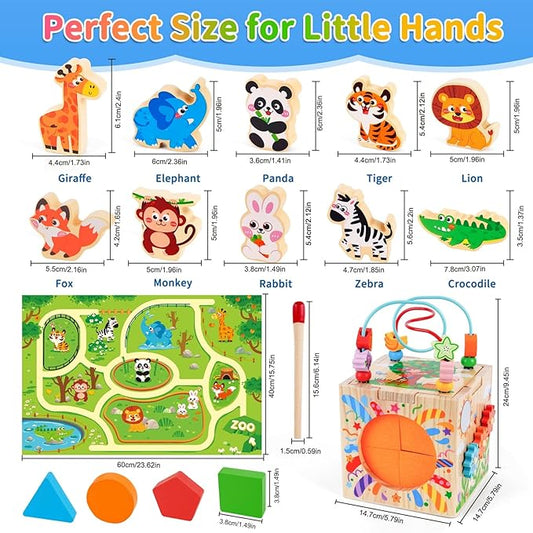 Wooden Activity Cube | Montessori Toys for 1-2 Year Old Toddlers | One Year Old 1st First Birthday Gift | Developmental Toys for 12 Months Baby Boys Girls | Bonus Sorting & Stacking Board (Pink)