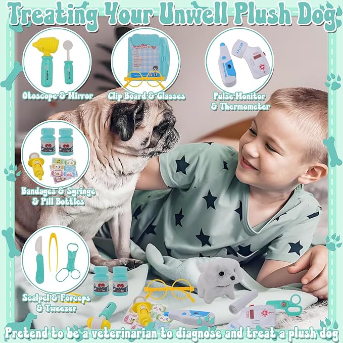 TEUVO Toy Doctor Kit for Girls - Pretend Play Doctor Set with Dog Toy, Carrying Bag & Stethoscope & Dress Up Costume - Toys Doctor Play Gift for Kids Toddlers Ages 1 2 3 4 5 6 7 Year Old for Role Play