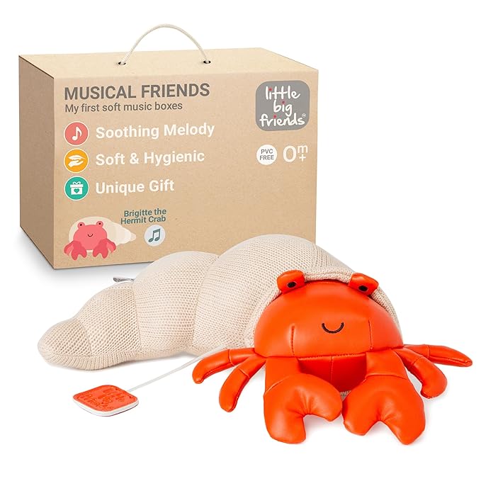 Little Big Friends Musical Baby Toy – Soft Plush Pull-String Cord Classical Toy for Baby & Toddlers | Soothing Stuffed Cuddly Animal Gift | Brigitte The Hermit Crab