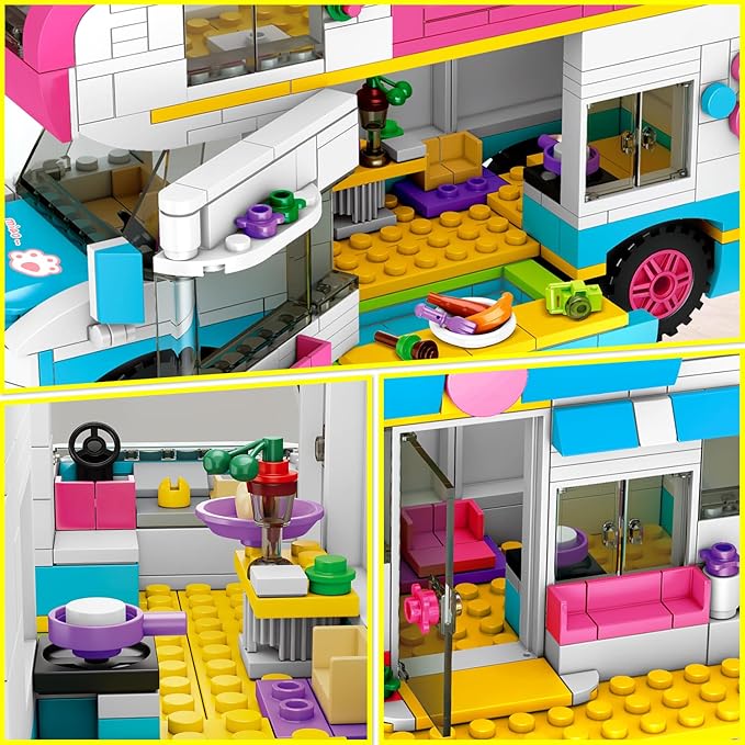 HOGOKIDS 3-in-1 Girls Camper Van Building Set - 494PCS Summer Beach Camping Building Blocks Sets | Food Truck Toys with Slide and Stickers | Easter Gifts for Girls Boys Age 6 7 8 9 10 11 12+