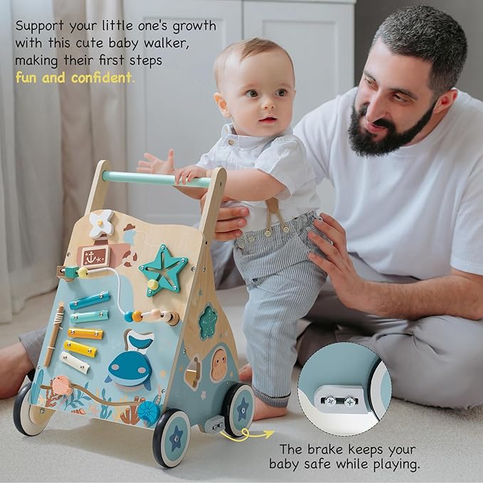 ROBOTIME Wooden Baby Push Walker, Ocean-Themed Wooden Baby Walker with Wheels, Sit-to-Stand Activity Center, Push Toy for Toddlers, for Boys and Girls