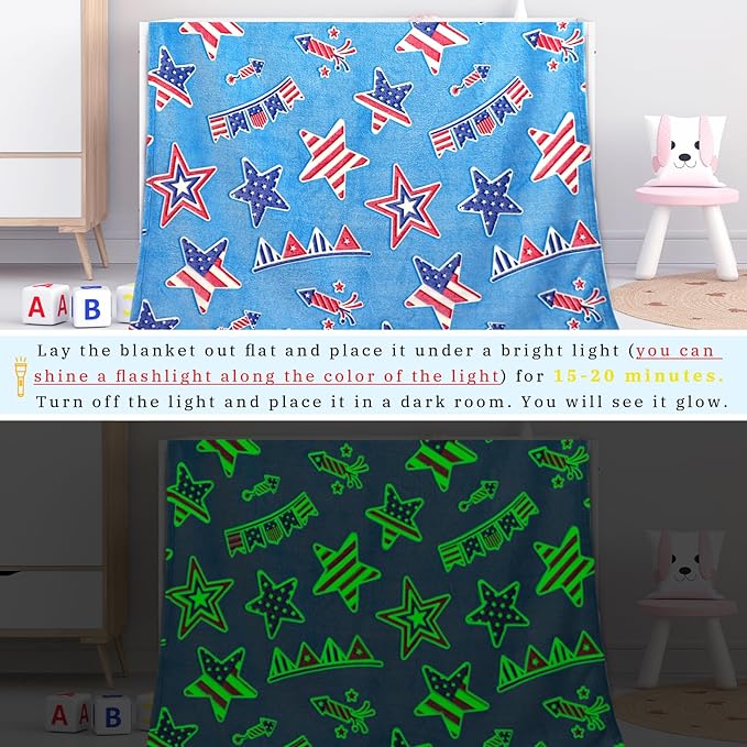 American Flag Blanket Glow in The Dark Blanket for Kids Boys Star Stripes Independence Day July 4th Decor