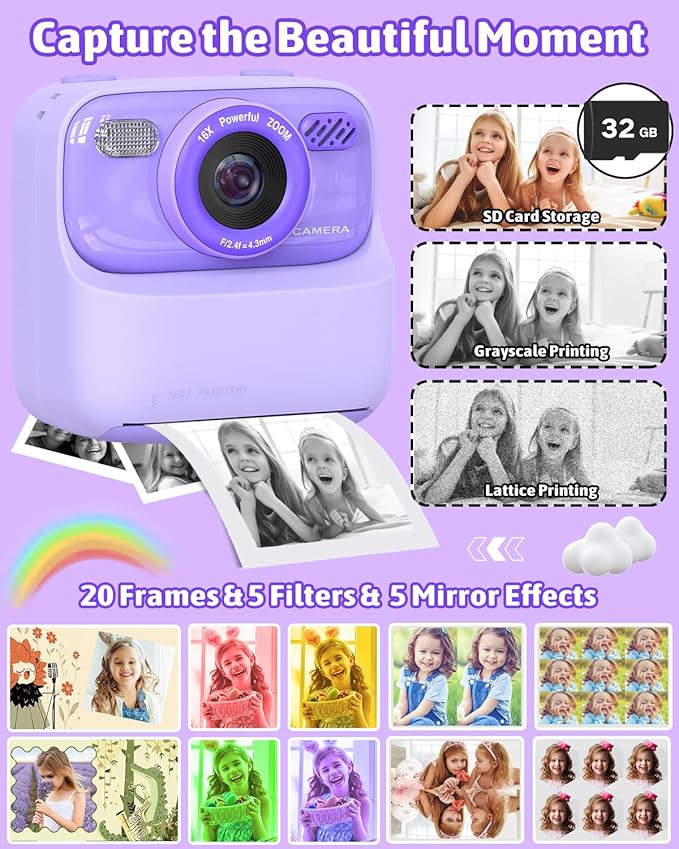 Mgaolo Kids Camera Instant Print Photo,Children Digital Camera Toys Gift with HD Video for Girls Boys 3-12 Age,Chritmas Birthday Festival Present for 3 4 5 6 7 8 9 Year Old Child (Purple)