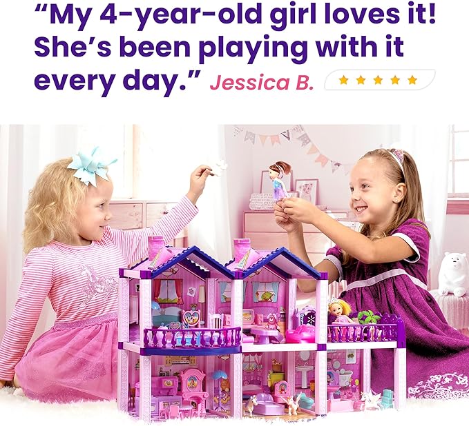 Dollhouse with 2 Princesses, 4 Unicorns, Dog, Furniture and Accessories - Pink and Purple Dream Doll House Toy for Little Girls - 5 Rooms w/Garden, Furniture and Accessories, Gift for Girls Ages 2-8