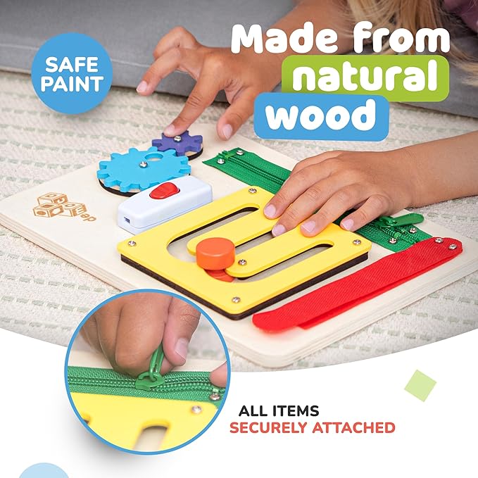 deMoca Sensory Busy Board for Toddlers, Premium Wooden Toddler Busy Board for 1 2 3 Year Old with 10 Educational Activities for Fine Motor Skills, Fidget Activity Toy for Travel Toy