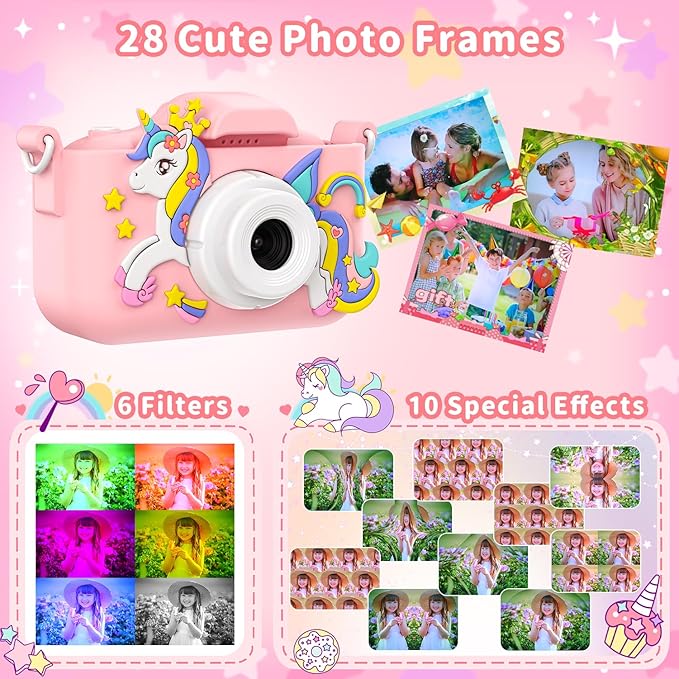 Pink Unicorn Kids Camera, Digital Camera for Toddler Boys Girls Children Selfie Camera Toy with 2 Inch Screen, 32GB Card for Age 3-12 Birthday (A Pink Unicorn)