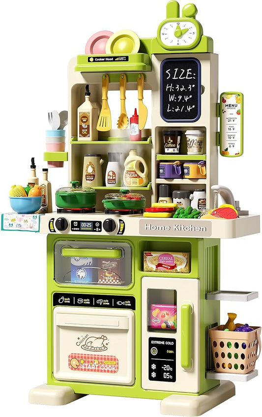 33.8IN Kids Kitchen Playset, 63PCS Kid Play Kitchen with Realistic Lights & Sounds, Spray Sink Toy Kitchen Accessories, Pretend Food Toys Kitchen for Boys Girls Toddlers(Green)